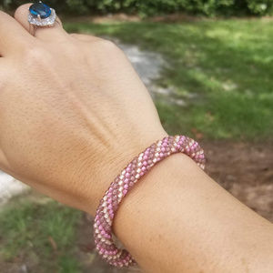 Pink/Cream Beaded Crochet Bracelet